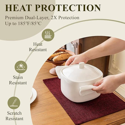 KXN Placemats Set of 6, Dual-Layer Thickened Faux Linen Table Mats, Heat Resistant & Wrinkle-Free, Machine Washable Cloth Place Mats for Kitchen Dining Indoor Outdoor (Red)