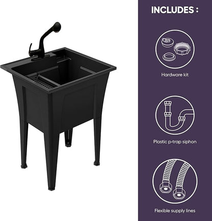 Freestanding Utility Sink with One Handle Black Faucet - 24" Plastic Utility Sink for Garage, Laundry, Indoor and Oudoor Use - Laundry Tub Kit by Noah William Home - Black (19.5 gal)