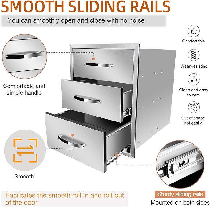 Pull Out Trash Drawer, Lower Sliding Rails Stainless Steel Roll Out Trash Bin Pull Out Tray With Handle For Outdoor Kitchen BBQ Island Grill Station,Three Drawers