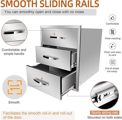 Outdoor Kitchen Drawers, Flush Mount Triple Access BBQ Drawers With Stainless Steel Handle, BBQ Island For BBQ Island Patio Grill Station,Three Drawers