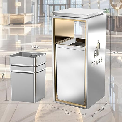 Commercial Trash Can - 42L Heavy Duty Stainless Steel Garbage Bin with Lid & Liner, Fingerprint-Resistant Indoor Outdoor Waste Container for Restaurant,Hotel,Shopping mall,13"x13"x30"