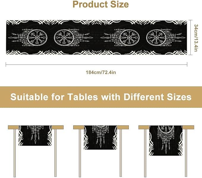 Viking Table Runner, Nordic Ancient Mythical Runes Print Table Runner for Home Dining Kitchen Coffee Table Party 13x108in