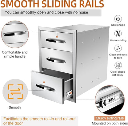Outdoor Kitchen Drawers, Flush Mount Triple Access BBQ Drawers With Stainless Steel Handle, BBQ Island For BBQ Island Patio Grill Station,Three Drawers