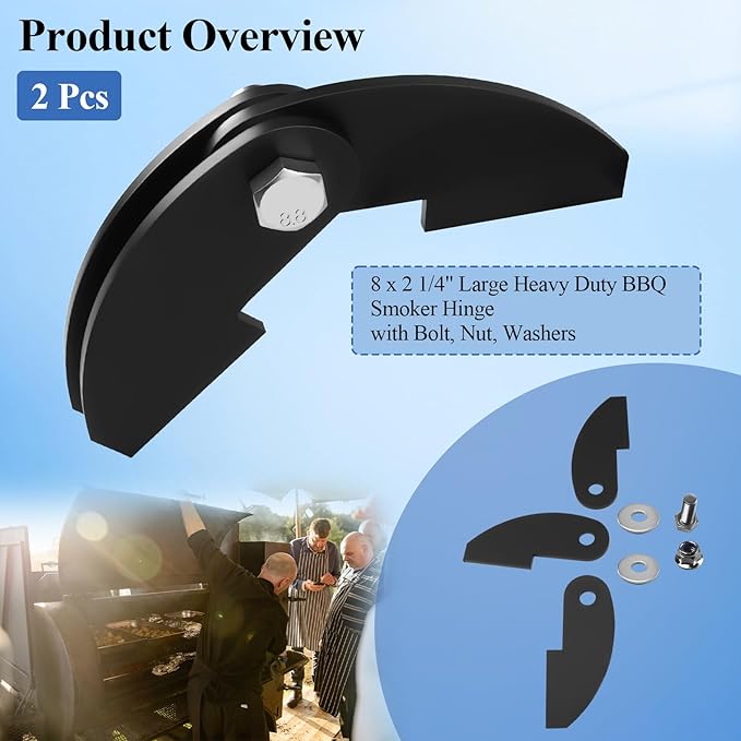 2 Pcs 8 x 2 1/4" Large Heavy Duty BBQ Smoker Hinge, Compatible with Burn Shop BBQ Smoker Hinge Doors, Fit for 3/16" Plate Steel, with Bolt, Nut, Washers