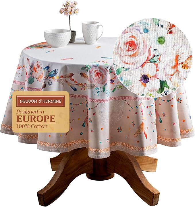 Maison d' Hermine Table Cloth Round Table 100% Cotton 69 Inches Tablecloth Reusable Decorative Everyday Use for Dining Room, Farmhouse, Home, Party, Festive & Wedding Spring Summer - Ibiza - Beige