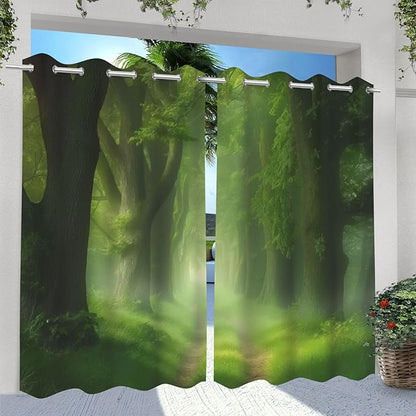 Forest Theme Waterproof Outdoor Curtains for Patio,Dawn Trees Jungle Pattern,Light Filtering Curtains Outside Curtains for Porch, Gazebo, Pergola, Backyard,2 Panels,W54 x L84,Green