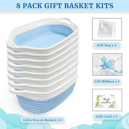 Succwoah 8 Pack Small Woven Baskets with Gift Bags & Ribbons & Cards, Cotton Rope Nursery Storage with Handles, 12"x8"x5", Empty Gift Baskets for Baby Shower, Christmas, Thanksgiving, Organizer (Blue)
