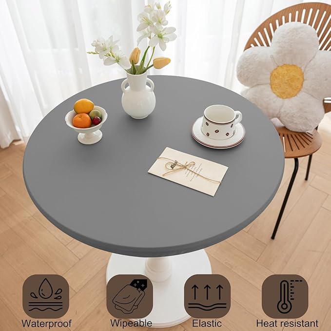 Round Fitted PU Tablecloth with High Elastic Edge 59 Inch Dia Waterproof Oil Proof Table Cloth Anti-Scald Stain-Resistant Wipeable Table Cover for Indoor Outdoor Picnic (Light Grey,59" Dia)