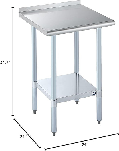 ROCKPOINT Stainless Steel Table for Prep & Work with Backsplash 24x24 Inches, NSF Metal Commercial Kitchen Heavy Duty Table with Adjustable Under Shelf and Table Foot for Restaurant, Home and Hotel