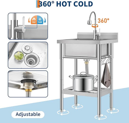 Stainless Steel Utility Sink, Free Standing Single Bowl Kitchen Sink, Adjustable Leg Height, w/Faucet,Hot and Cold Water Pipes,Commercial Laundry Tub,Hook,Storage Shelf for Indoor Outdoor Farmhouse