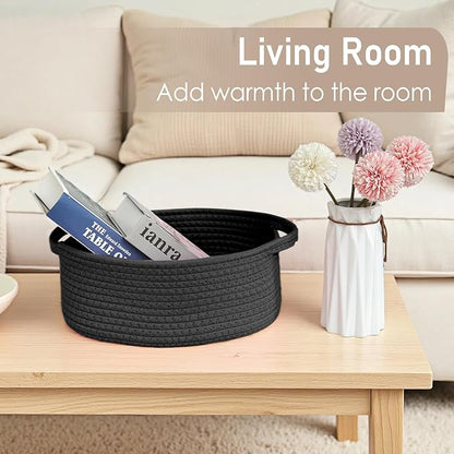 Woven Basket,Small Rope Storage Bin with Handles & Ribbon Bag, Organizer for Shelves Closets,Gift Basket Empty for Birthday,Books,Dog Toys, Black/2 Pack