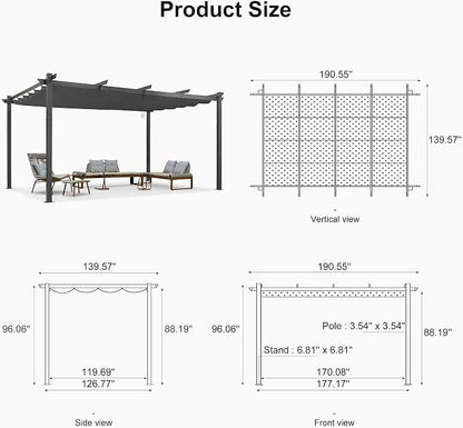 PURPLE LEAF Outdoor Pergola 12' X 16' Retractable Canopy Aluminum, Custom Shade - Image 7
