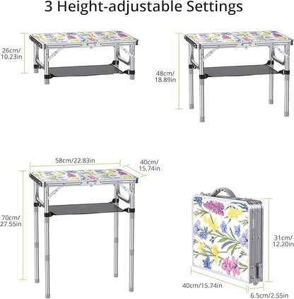 Anbte 2ft Folding Camping Table, 3 Adjustable Height Max 27.5" Small Folding Table with Storage Net Lightweight & Portable with Carry Handle, for Outdoor Indoor Camping Beach BBQ RV, Blooming Floral