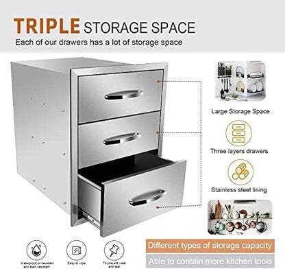 Stainless Steel Outdoor Kitchen Drawers - 3-Drawer BBQ Drawer, Built-in, Flush Mount for Outdoor Kitchens & BBQ Islands, 18Wx23Dx23H-3L