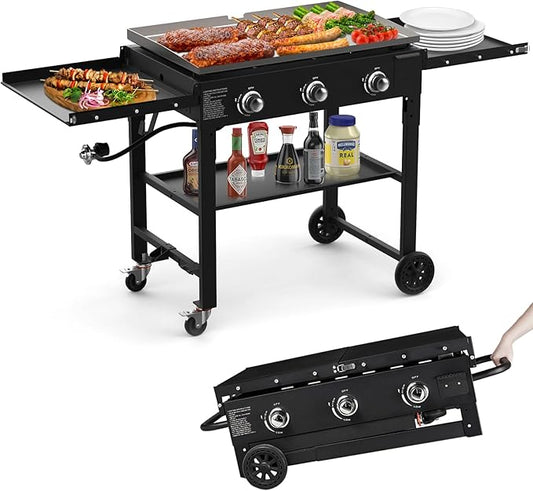 BESTFIRE Foldable Flat Top Grill, Outdoor Griddle-3 Burner Propane Griddle with Two Foldable Shelves,36" Flat Grills Outdoor-45,000 BTU Gas Grill for BBQ& Outdoor Cooking,Black