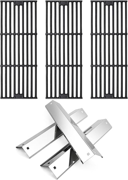 Hiorucet Grill Replacement Parts for Chargriller 5650, 5050, 3001, 5072, 3030, 3008, 4000, 5252 Gas Grill, Cast Iron Cooking Grates, Stainless Steel Heat Plates for King-Griller 3008 5252 Gas Grill