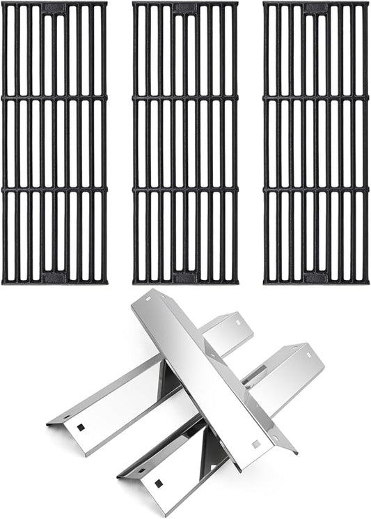 Hiorucet Grill Replacement Parts for Chargriller 5650, 5050, 3001, 5072, 3030, 3008, 4000, 5252 Gas Grill, Cast Iron Cooking Grates, Stainless Steel Heat Plates for King-Griller 3008 5252 Gas Grill