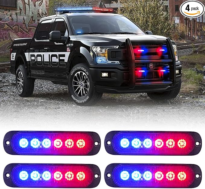 Xprite 4PCS LED Emergency Strobe Lights, Red Blue 12-LED Surface Mount Flashing Strobe Lights, Sync Feature Ultra Slim Grill Light for Volunteer Trucks ATV SUV Vehicles