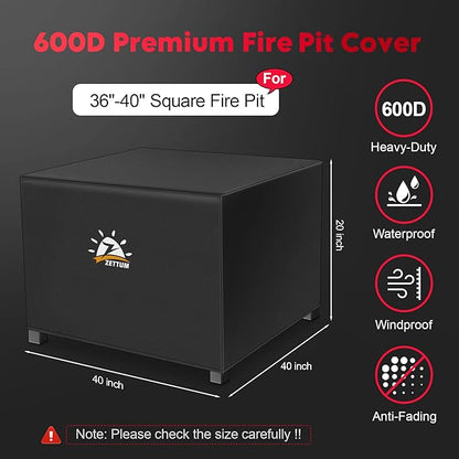 Zettum Fire Pit Cover Square 40 Inch - Outdoor Firepit Cover Heavy Duty & Waterproof, 600D Patio Fire Table Cover Gas Fire Pit Accessories Fade & Weather Resistant - 40 x 40 x 20 Inch