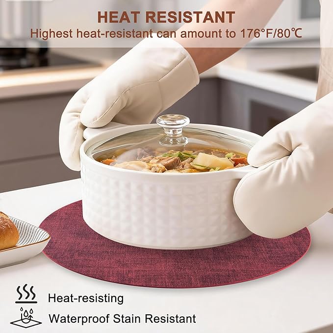 Round Faux Leather Placemats and Coasters, Set of 4, Reversible Heat Resistant Non-Slip Table Mats, Waterproof Wipeable Place Mats for Dining Table, Washable for Indoor & Outdoor (4, Red)