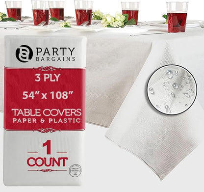 PARTY BARGAINS Disposable Table Covers - 54" X 108" [1 Count] 3 Ply Paper & Plastic White Table Cover