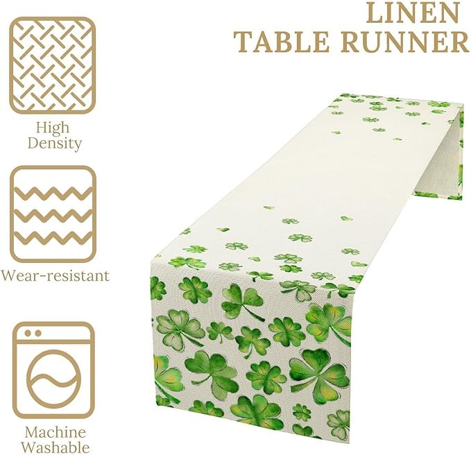 St.Patrick's Day Table Runner,Rustic Green Clover Seasonal Leaves White Green Table Center Decor for Family Kitchen and Living Room Outdoor Farmhouse Party Table Decorations, 13"x108"