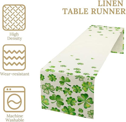 St.Patrick's Day Table Runner,Rustic Green Clover Seasonal Leaves White Green Table Center Decor for Family Kitchen and Living Room Outdoor Farmhouse Party Table Decorations, 13"x36"