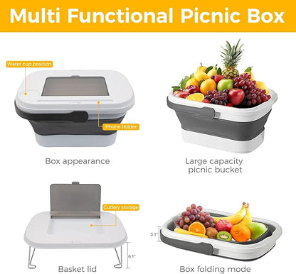 Picnic Basket for 2 Person, Foldable Bucket with Lid and Handles, Portable Outdoor Storage Bucket, 18 Liters, Ideal for Camping、Outdoors and Car Trunks (White)