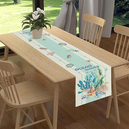 Nautical Coastal Table Runners, Blue Starfish Seashell Coral Summer Watercolor Undersea Ocean Waves Beach Table Center Decor for Holiday Party Kitchen Outdoor Farmhouse Table Decorations, 13" X 108"