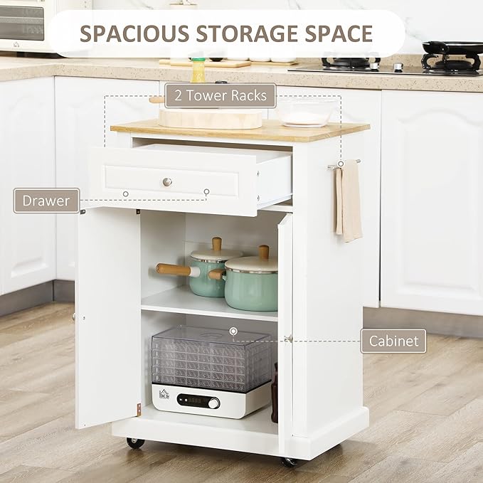 HOMCOM Rolling Kitchen Island Cart, Portable Serving Trolley Table with Drawer, Adjustable Shelf and 2 Towel Racks, Cream White