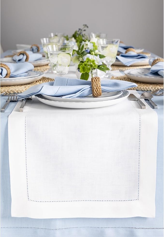 Solino Home Linen White Table Runner 48 Inches - Classic Hemstitch, 100% Pure Linen Coffee Table Runner 14 x 48 Inch Ideal for Dresser Tables - Winter, Valentines, Spring, Easter