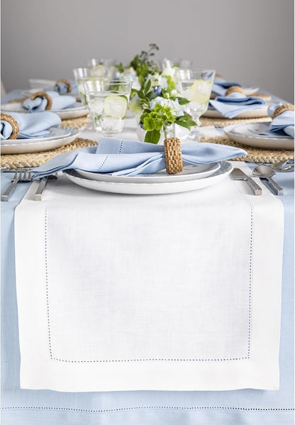 Solino Home Linen White Table Runner 48 Inches - Classic Hemstitch, 100% Pure Linen Coffee Table Runner 14 x 48 Inch Ideal for Dresser Tables - Winter, Valentines, Spring, Easter