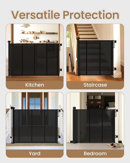 Retractable Baby Gate, 55" Wide Mesh Baby Gate with 4 Reinforced Rods, 34" Tall Anti-Sagging Dog Gate, Prevents Kids & Dogs from Crawling Under, for Stairways, Hallways & Patios, Black