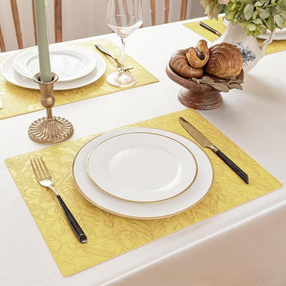 Romanstile Vinyl Placemats Set of 8-12 X 18 Inch - Heat Resistant Non-Slip Embossed Floral Place Mats 100% Waterproof Oilproof Wipeable Faux Leather Table Mats for Kitchen/Dining/Party, Yellow