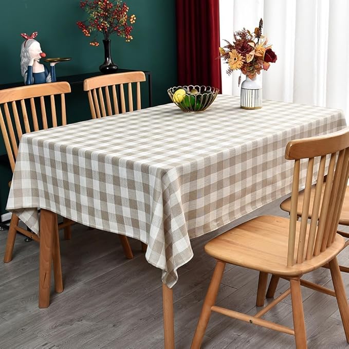 Gingham Table Cloth for Rectangle Tables Beige Checkered Plaid Tablecloth Heavy Duty Cotton Blend Washable & Wrinkle Table Cover for Outdoor Kitchen Dining Picnic Camping (60x84 Inch)