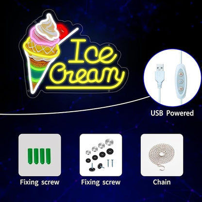 Ice Cream Neon Sign for Wall Decor, Ice Cream Led Signs, Dimmable USB Powered Neon Light Sign for Home, Business, Shop, Bar Pub, Store