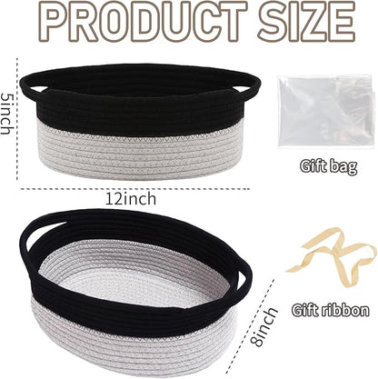 Woven Basket,Small Rope Storage Bin with Handles & Ribbon Bag, Organizer for Shelves Closets,Gift Basket Empty for Birthday,Books,Dog Toys, Black&Grey