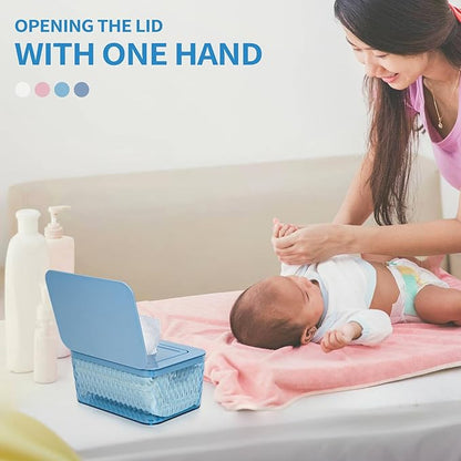 Wipes Dispenser, One-Handed Operation Wipe Holder for Baby & Adult, Seal-Designed Wipes Container for Bathroom Keep Diaper Wipes Fresh (Blue)