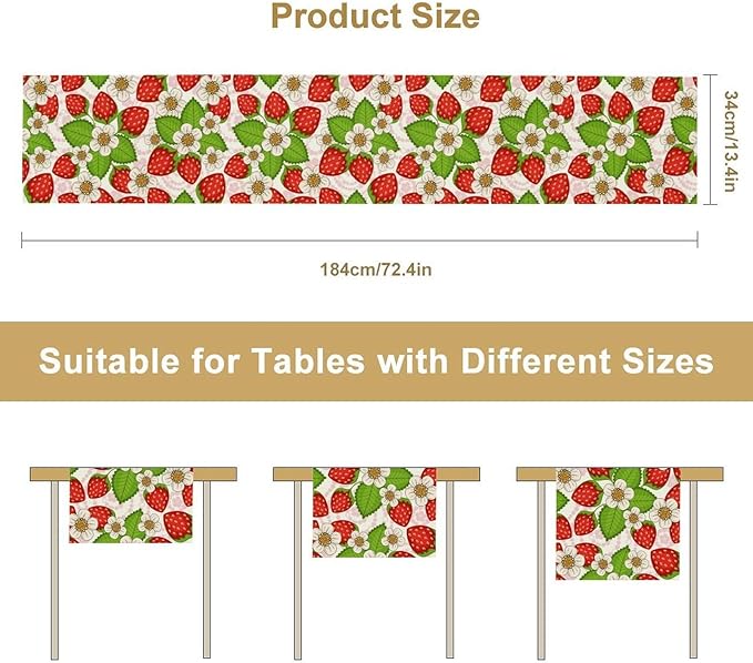 Spring Strawberry Table Runner, Floral Strawberries Flowers Leaf Season Inspirational Design Table Runner for Kitchen Dining Party Holiday Home 13x60in