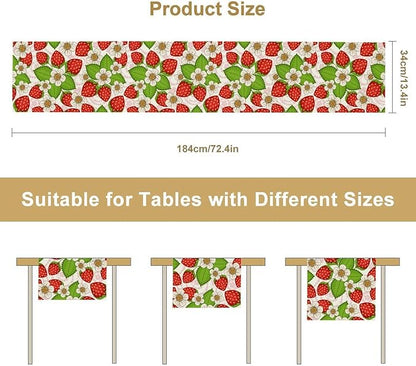Spring Strawberry Table Runner, Floral Strawberries Flowers Leaf Season Inspirational Design Table Runner for Kitchen Dining Party Holiday Home 13x108in