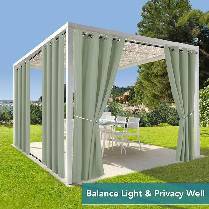HolidayIdeas Outdoor Curtains for Patio Waterproof-4 Panels 54x84 Inch Windproof Weatherproof Privacy Sage Green Curtains-Grommet Top and Tab Bottom Drape for Gazebo, Porch, Pergola, Cabana, Backyard
