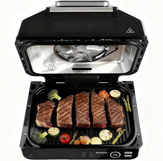 OLIXIS Electric Grill Outdoor/Indoor, 8-in-1 Multifunctional Large Electric BBQ Grill for Air Fry, Bake, Roast, Steak, Broil and Dehydrate, Safe Non-Stick Coating, Fry Basket Included