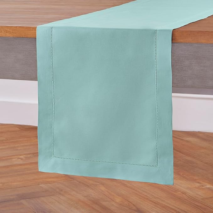 Solino Home Cotton Linen Table Runner 36 Inches - Pastel Turquoise Hemstitch Table Runner 14 x 36 Inch Ideal for Dresser and Coffee Tables, Spring, Easter