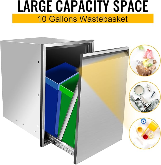 Outdoor Kitchen Drawers, Flush Mount Triple Access BBQ Drawers With Stainless Steel Handle, BBQ Island For BBQ Island Patio Grill Station,Trash Drawer