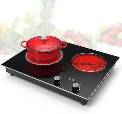 Electric Cooktop,1110V 2100W 2 Burner stove,Built-in & Countertop Stove Top with10 Heating Level, Timer & Kid Safety Lock, LED Knob Touch Control 2 Burner Electric Cooktop