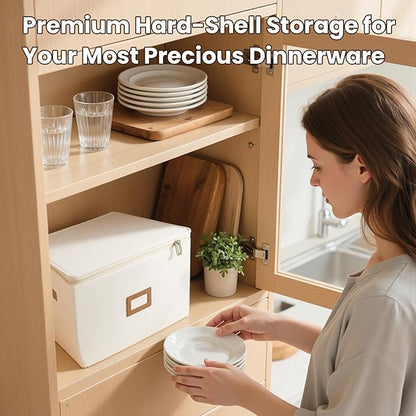HOMELUX THEORY Plate Storage Box, 4pc Ivory Hard Shell China Storage Containers with 48 Felt Pads, Kitchen Storage Bins With Lids, Moving Box with Handles for Dishes, Dinner Plate & Platter