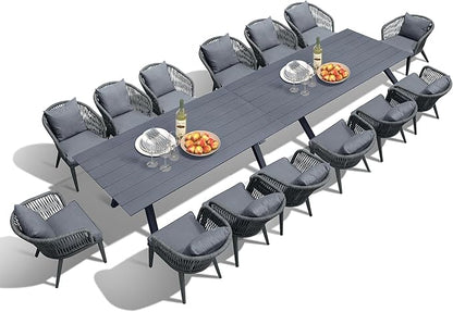 PURPLE LEAF 16 Pieces Patio Dining Set Wicker Outdoor Furniture Rectangular Table and Chairs Set for Garden Deck Aluminum Frame Backyard Kitchen Set, Cushions and Pillows Included Grey