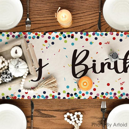 Artoid Mode Polka Dot Beige Happy Birthday Table Runner, Seasonal Kitchen Dining Table Decoration for Home Party Decor 13x48 Inch