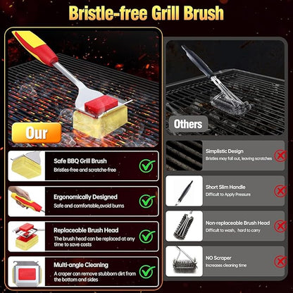 Grill Brush Bristle Free for Outdoor Grill, Steam Grill Cleaning Brush Replaceable BBQ Cleaner Brush Head,Extended Handle, Safe Grill Brush with Scraper for Cast Iron Stainless-Steel Grates,Red