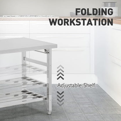48''x24'' Stainless Steel Folding Preparation Table with Adjustable Undershelf, NSF Commercial Heavy-Duty Workbench, for Kitchen, Hotel, Home, Outdoor Cooking Table